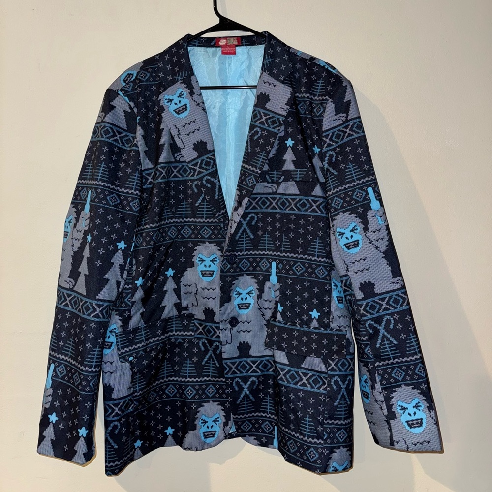 Blue and Black Pattern Yeti Abominable Snowman Holiday Novelty Blazer Jacket